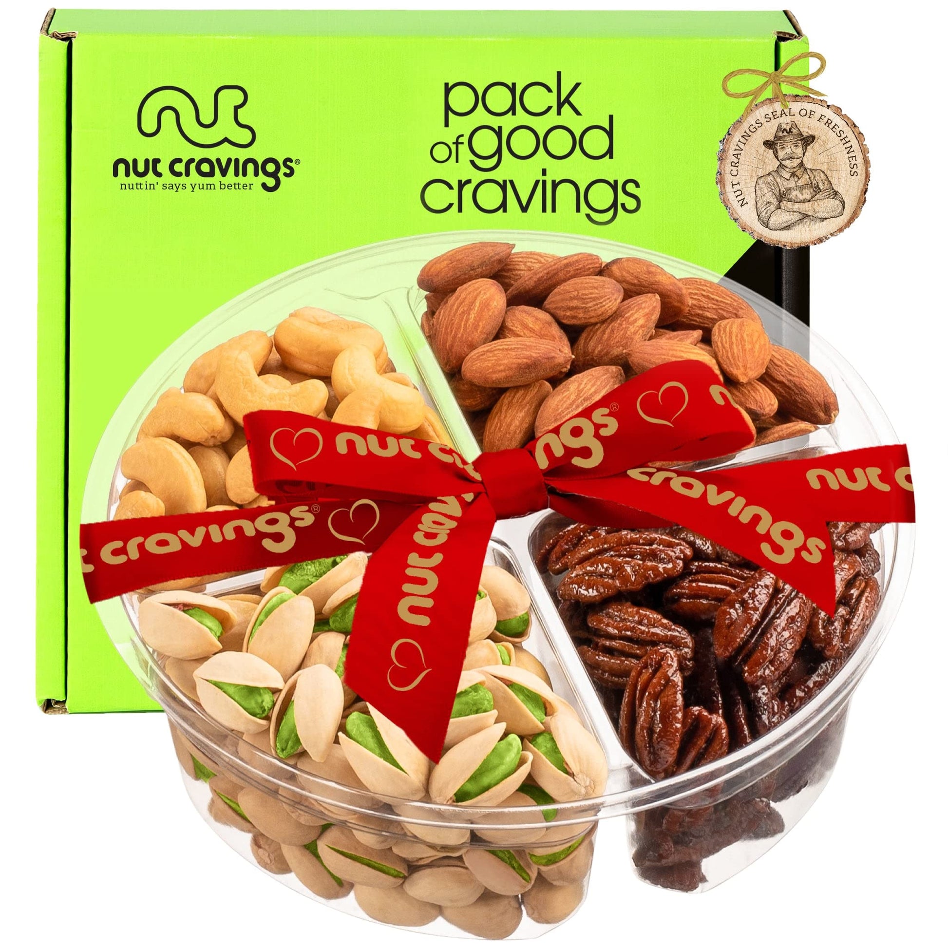 Nut Cravings Gourmet Collection - Rosh Hashana & Shana Tova Mixed Nuts Gift Basket + Heart Ribbon (4 Assortments) Arrangement Pl