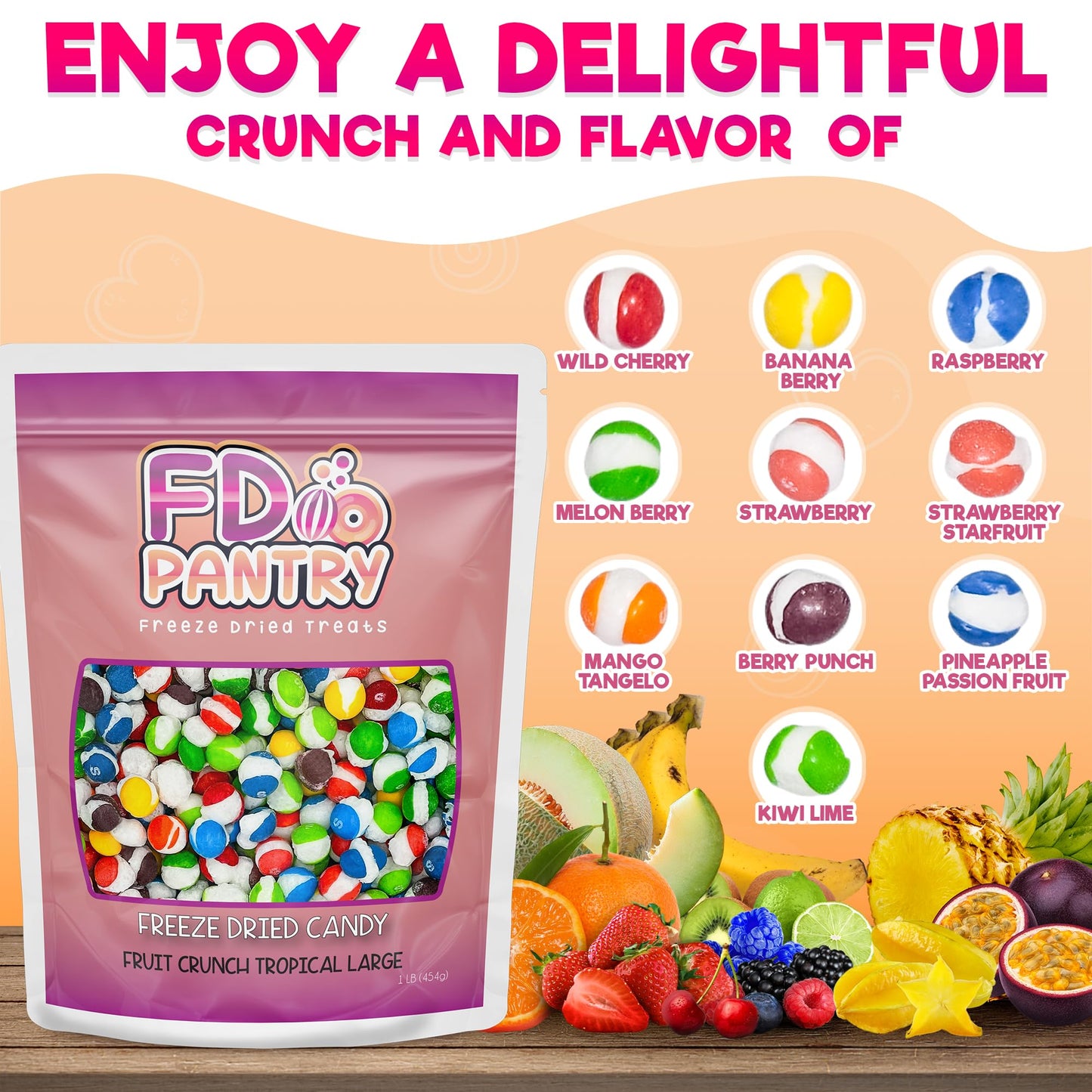 Fruit Crunch Tropical - Freeze Dried Candy, 16Oz 1 Pound - Troical Fruit Flavors, Large Pouch - Ideal Gift Snack Treat