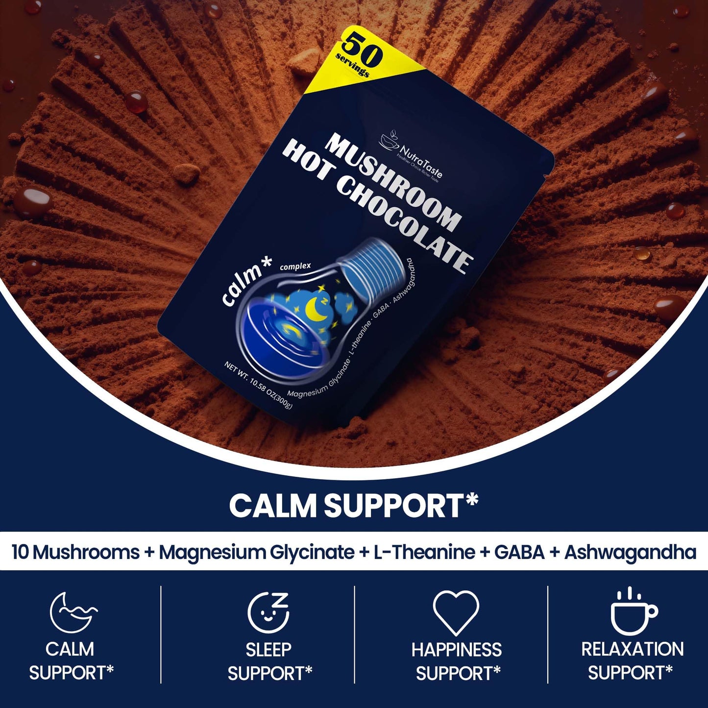 Mushroom Hot Chocolate for Calm, 50 Servings Cocoa Powder | 10 Mushrooms Supplements with Magnesium Glycinate, L-Theanine, Ashwa