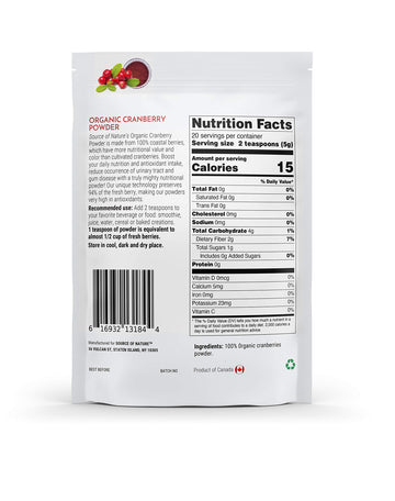 Source Of Nature Organic Cranberry Powder 3.5oz (100g) 100% Whole Berry; Not Extract, Not Concentrate, Not Juice Powder