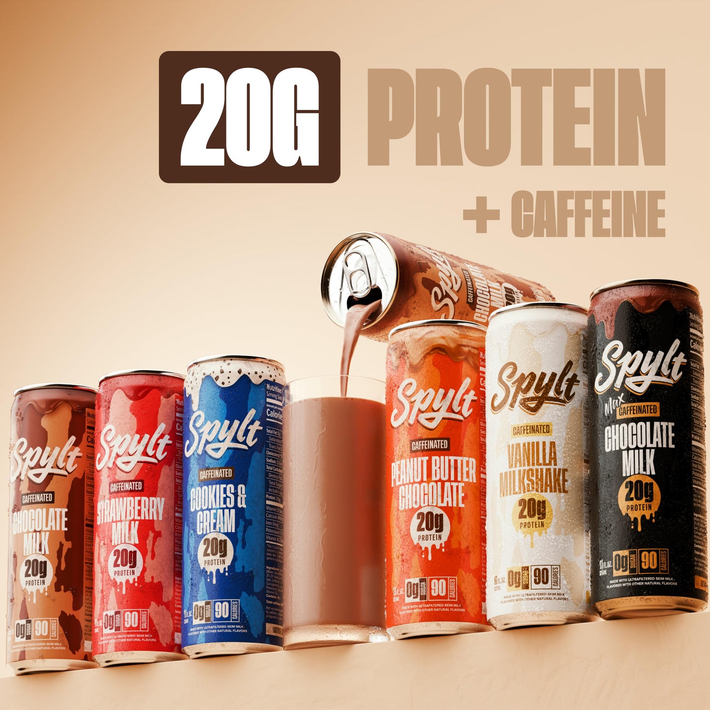 Spylt High Protein Milk - 6 Flavor Variety Pack with 60mg Caffeine & 20g Protein - 90 Calories  Ready to Drink  Sugar Free  Lactose Free Milk  Perfect for Workout Recovery & Afternoon Pick Me Up - 12 Count