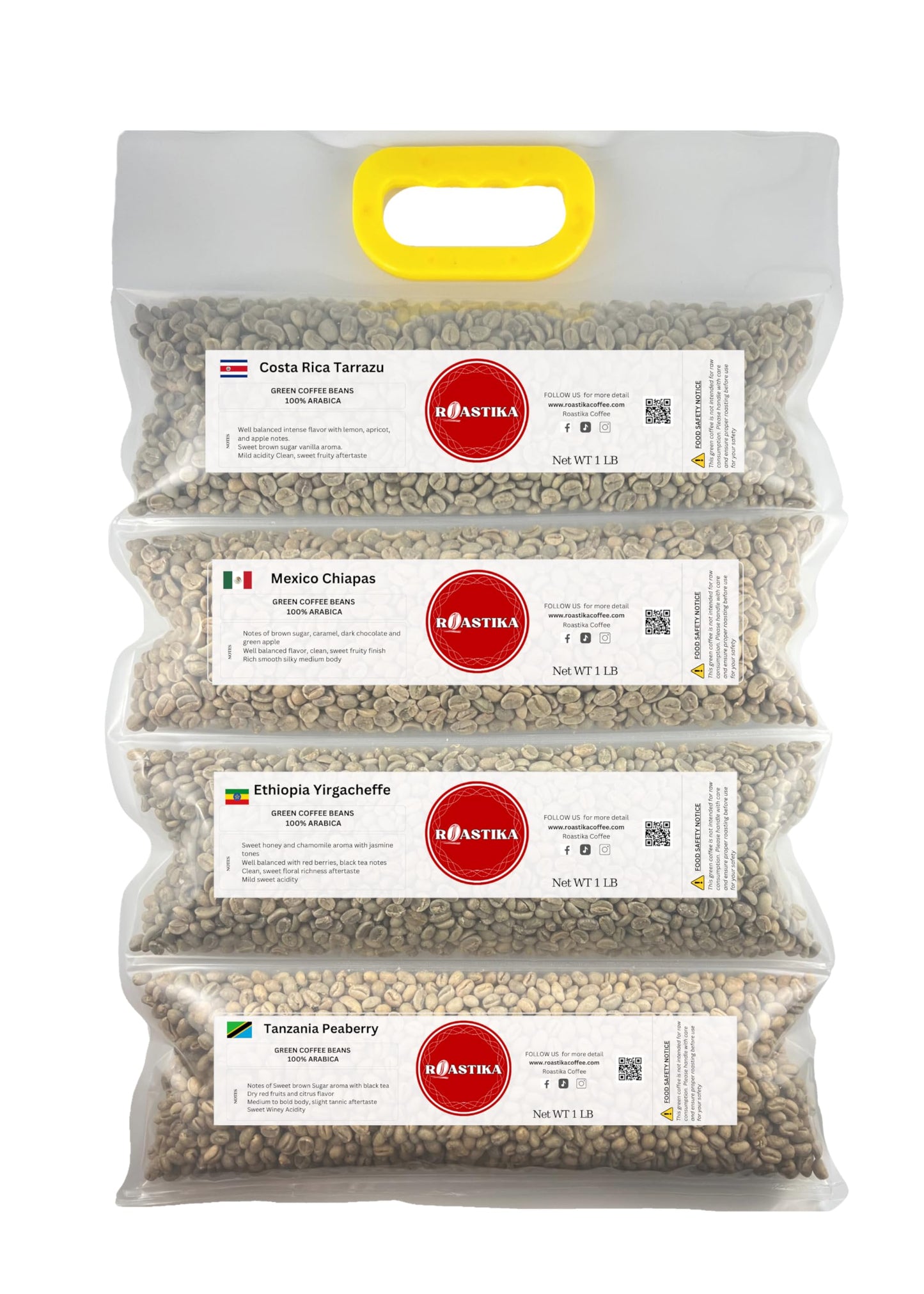 Roastika - Unroasted Coffee Bean - 4lb (pack of 4) - Sampler Pack - Bundle 2A (COSTA RICA TARRAZU/MEXICO CHIAPAS HG EP/ETHIOPIA 