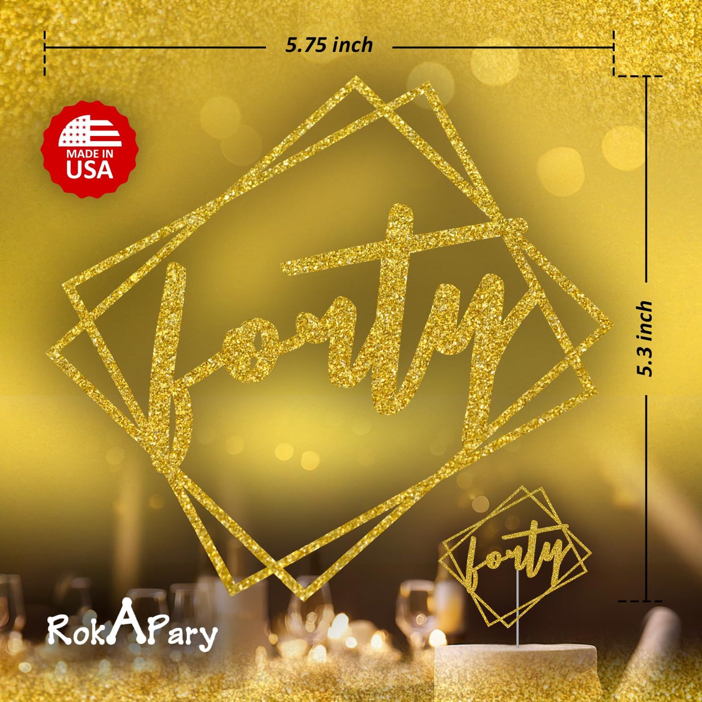 Forty Cake Topper Gold Glitter, Modern Design 40 Birthday, Days, Months, Anniversary Party Decoration Ideas, Premium Quality, St