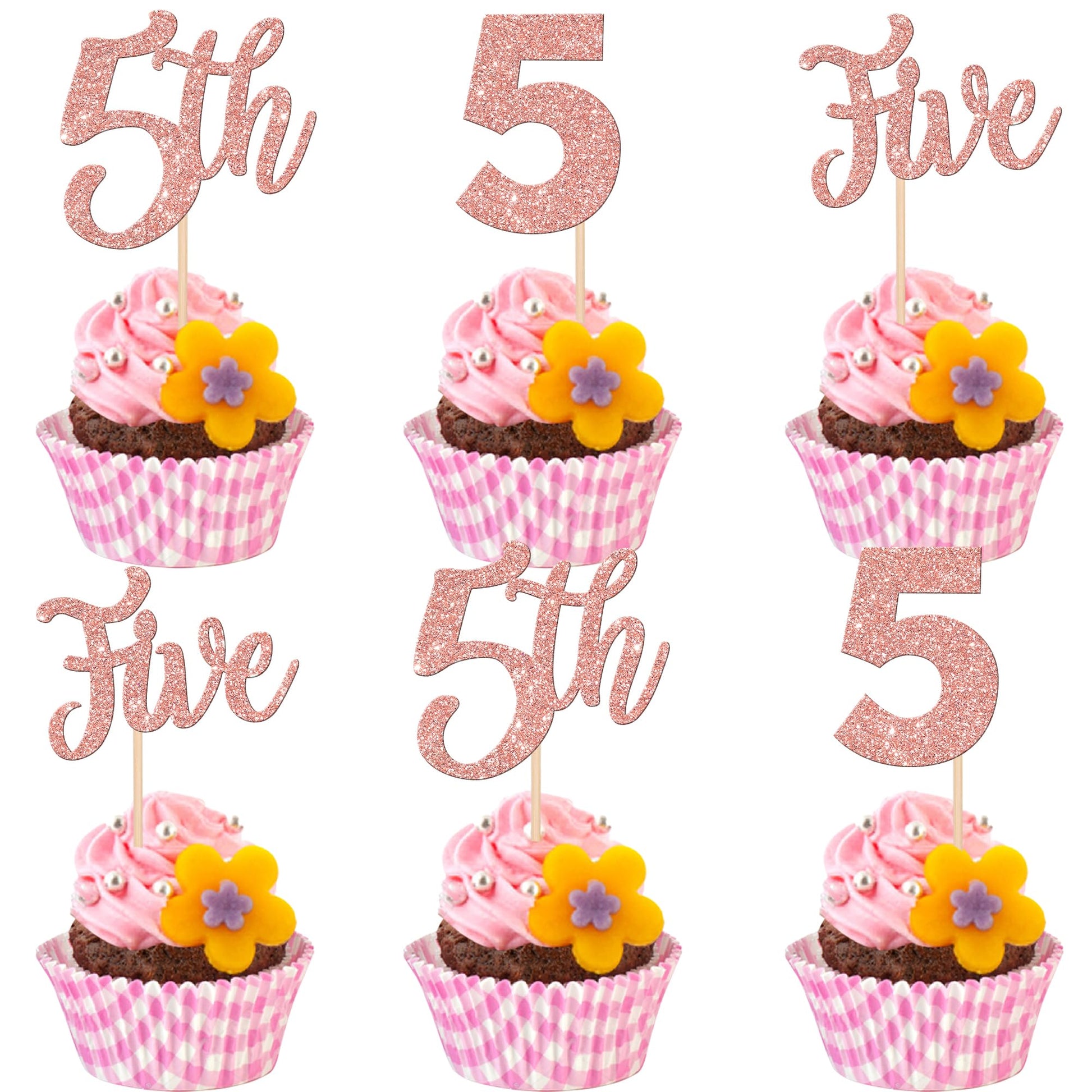 24 PCS Five Cupcake Toppers Glitter 5th Birthday Cupcake Picks Number 5 Cupcake Decorations for Baby Shower Kids 5th Birthday An