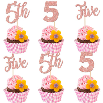 24 PCS Five Cupcake Toppers Glitter 5th Birthday Cupcake Picks Number 5 Cupcake Decorations for Baby Shower Kids 5th Birthday An