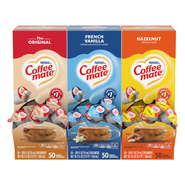 Nestle Coffee Mate Creamer Singles Variety Pack, Original, French Vanilla, Hazelnut, Non Dairy, No Refrigeration, 0.375 Fl Oz Tubs, 150 Count (Pack Of 50 Per Flavor)