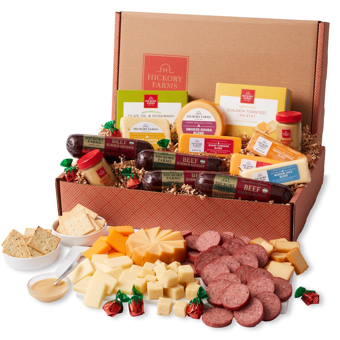 Hickory Farms Beef Meat and Cheese Gift Basket - 18 Piece Set, Extra Large Charcuterie Board for Holidays and Special Occasions