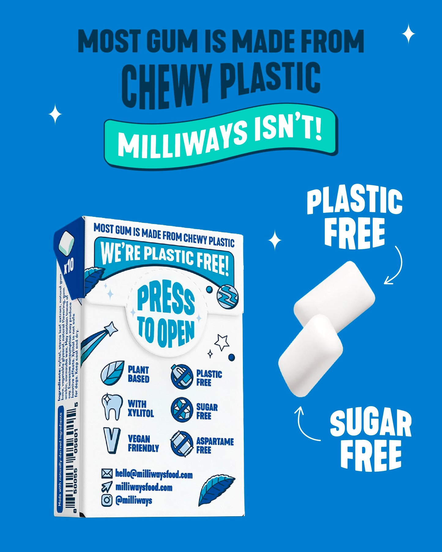 Milliways Mighty Mint Gum | Plant-Based, Sugar-Free, 120 Count | Xylitol & Aspartame-Free Chewing Gum in 12 Packs of 10 Pieces