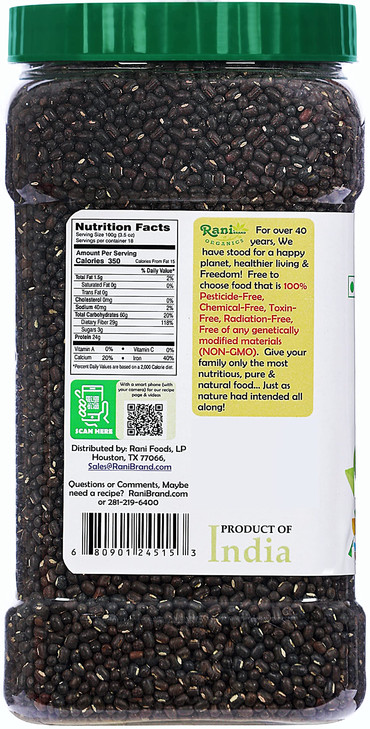 Rani Organic Urid/Urad Whole Black (Matpe Beans With Skin) Indian Lentils 64Oz (4Lbs) 1.81Kg Bulk Pet Jar ~ All Natural | Vegan