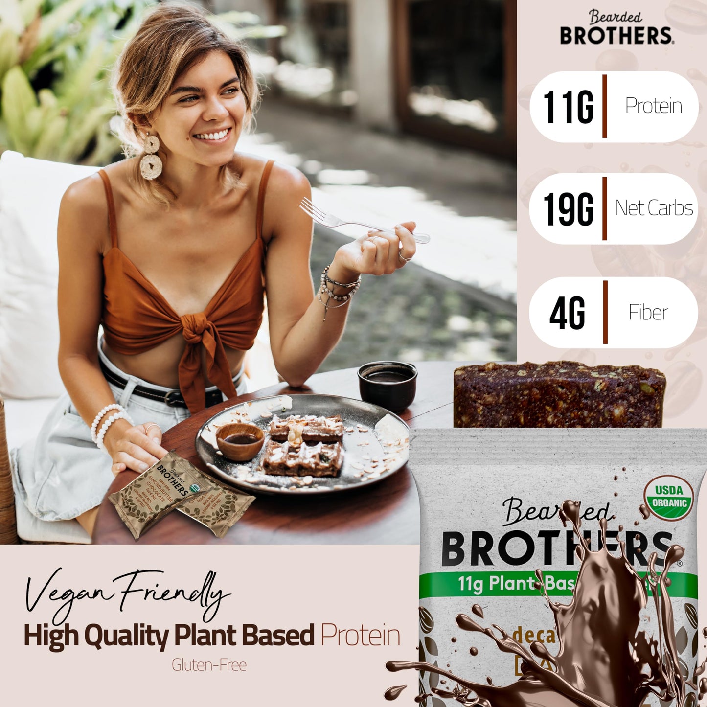 Bearded Brothers Organic Protein Bars, Dark Chocolate (10 Pack) - 11G Of Plant Based Protein Gluten Free Vegan, Non-Gmo Healthy Snacks For Mature-Themeds Good Source Of Fiber