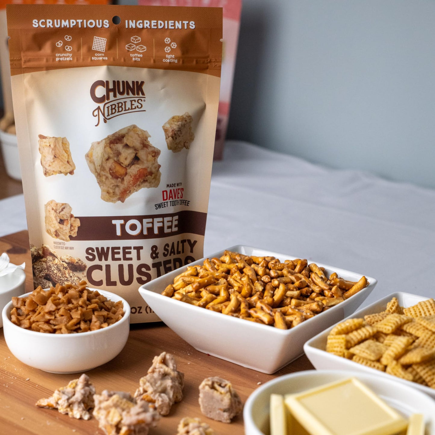 Chunk Nibbles Toffee Snack Clusters - Buttery Milk Chocolate Toffee with Pretzels & Corn Squares - Award-Winning Gourmet Treat,
