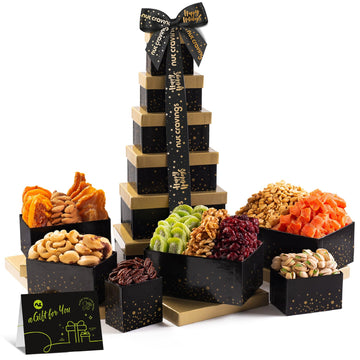 NUT CRAVINGS Gourmet Collection - Christmas Treats Tower Dried Fruit & Nuts Gift Basket with Happy Holiday Ribbon (12 Assortment