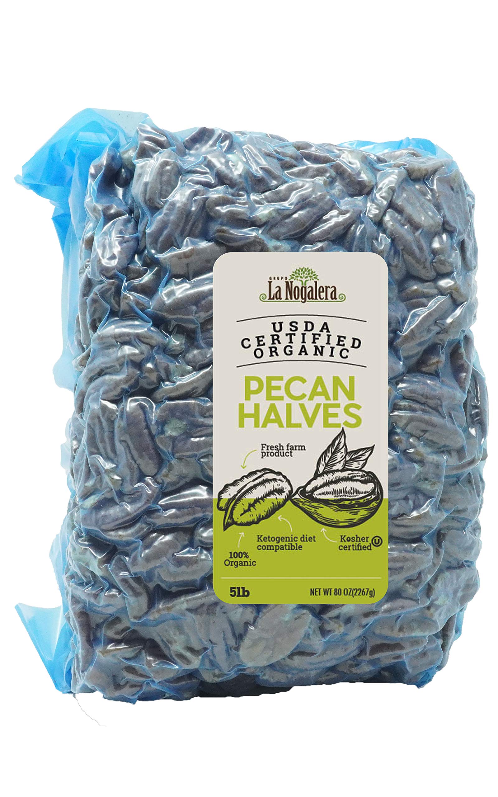 La Nogalera Organic Pecans - Usda Certified Organic Halves In 5 Lbs Vacuum Sealed Bag. Pecan Nut Halves, No Shell, Non-Gmo, No P