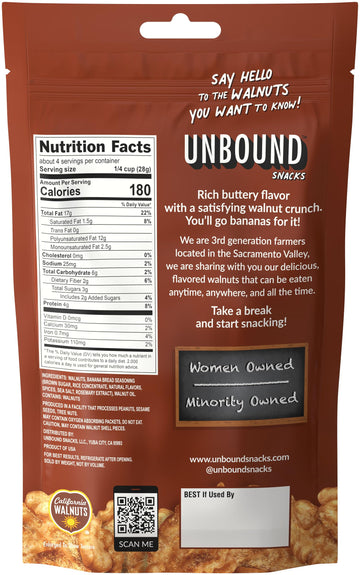 Unbound Snacks Flavored Nuts - Banana Bread Walnuts, 4 oz (Pack of 4) - Healthy Snacks, 4g Protein, 3g Sugar, High in Omega 3, G