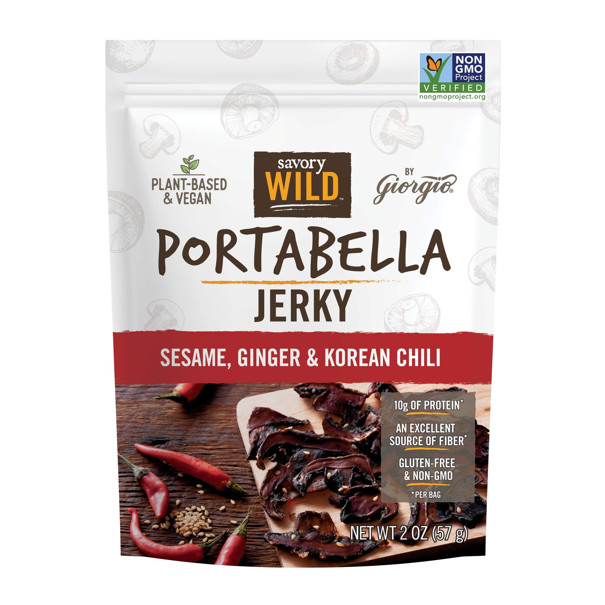 Giorgio Savory Wild Vegan Portabella Mushroom Jerky Gluten Free & Non-Gmo Sesame, Ginger & Korean Chili, 2 Ounce (Pack Of 1)