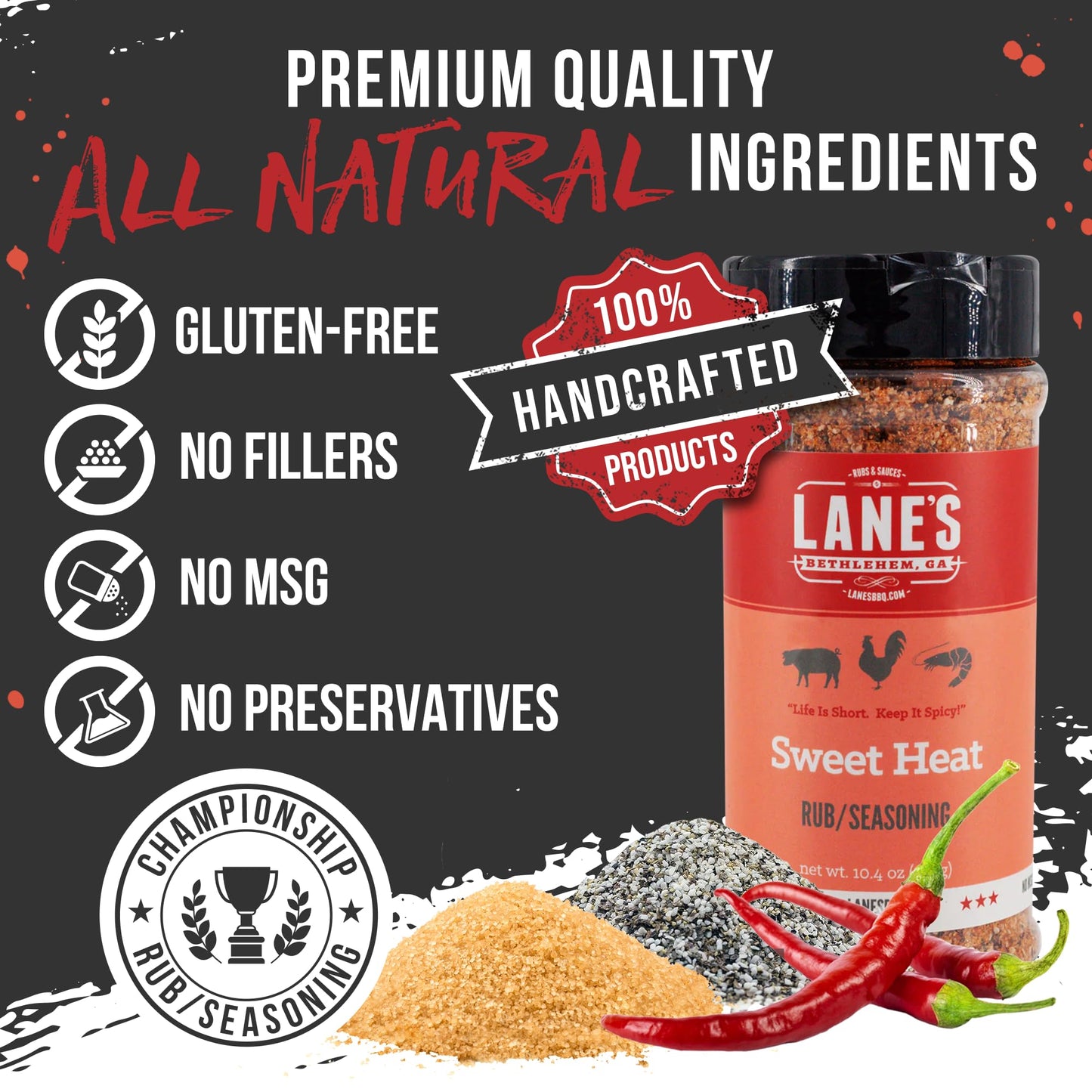 Lanes Sweet Heat BBQ Brisket Rub, All-Natural Seasoning, 10.4 Oz, No MSG, Made in USA