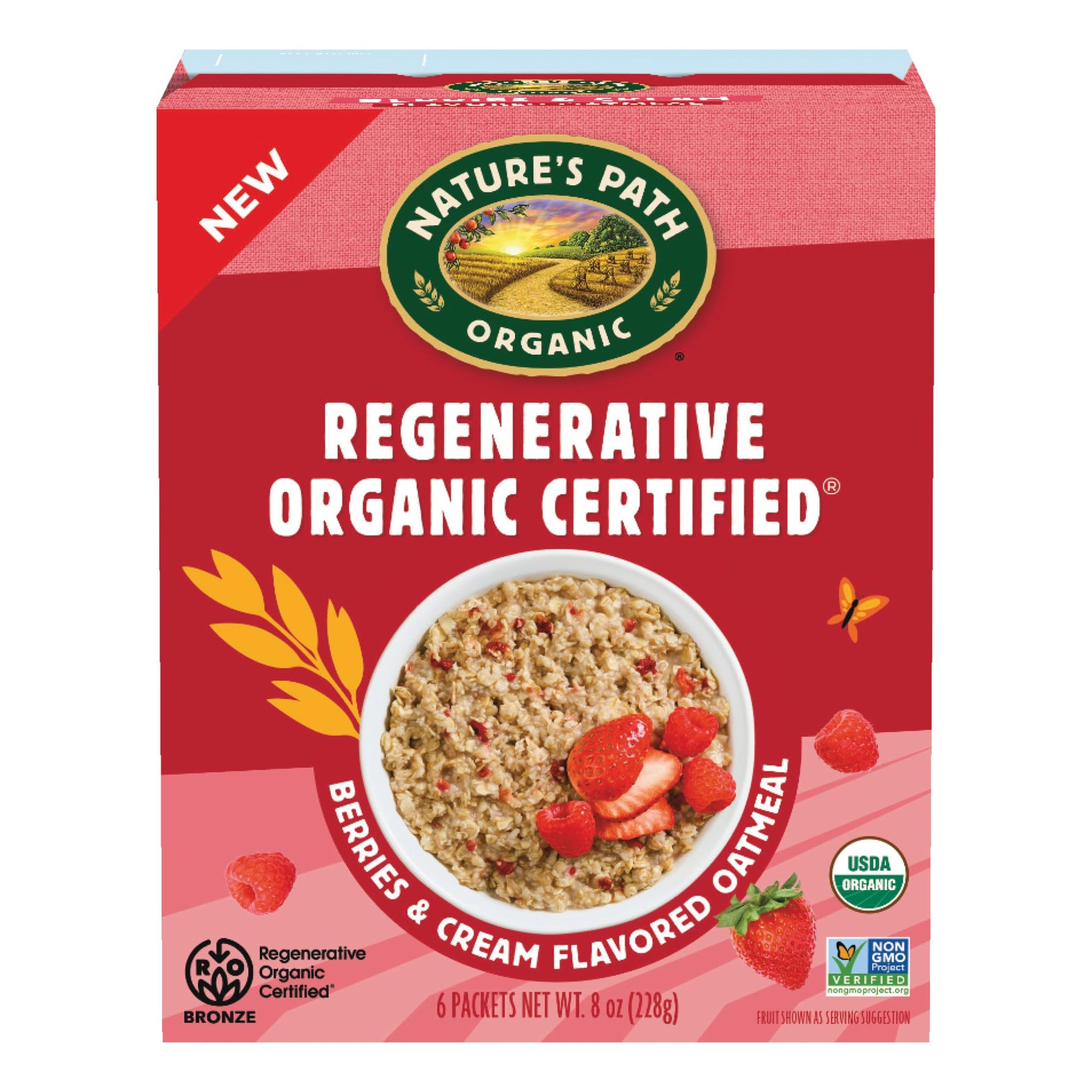Natures Path Organic Regenerative Organic Certified Berries & Cream Instant Oatmeal, 8 oz (Pack of 1), Non-GMO