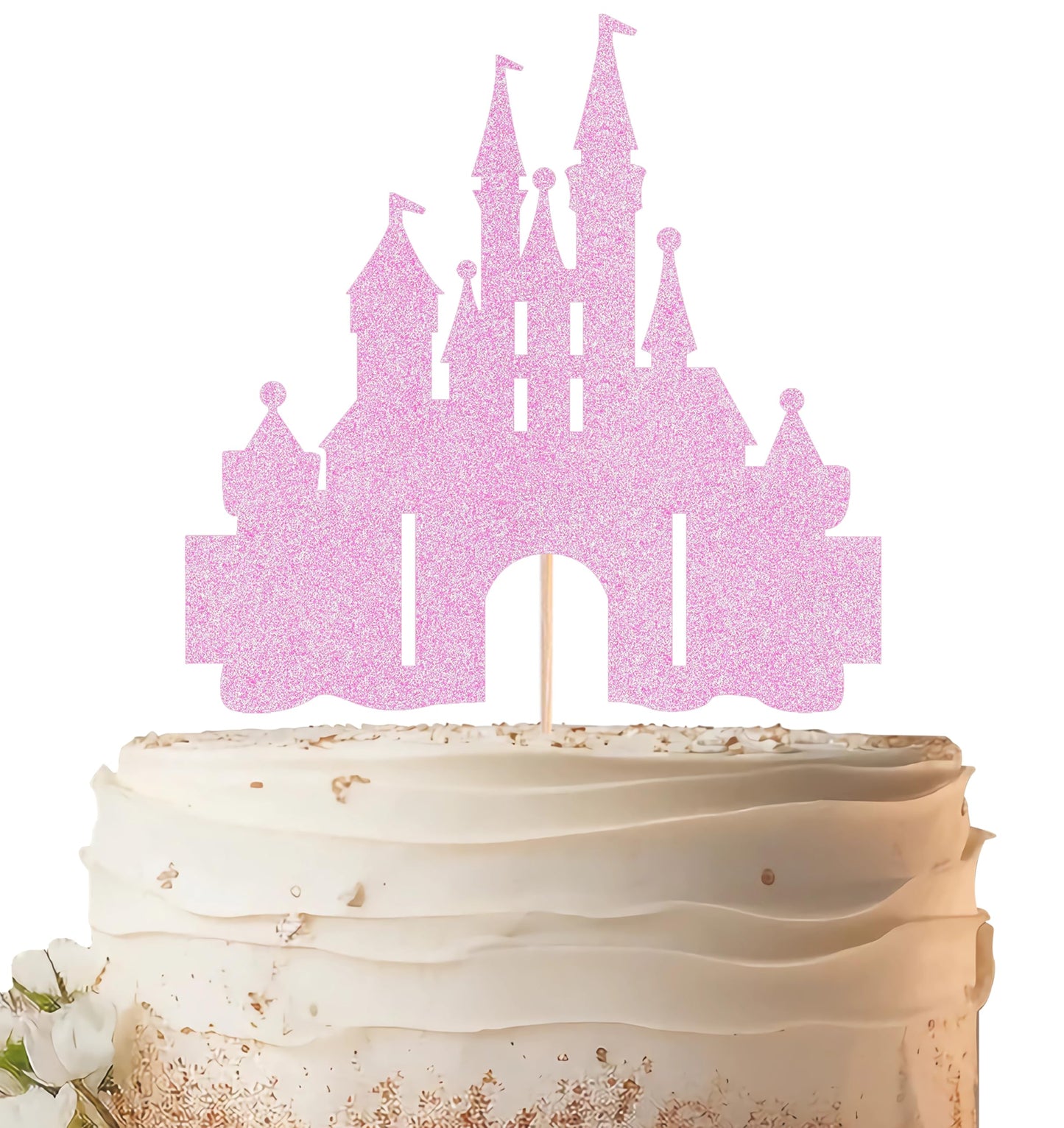 EONNCNT Castle Cake Topper - Pink Glitter Cardboard Birthday Decoration, 6.3 x 8.7 Inches
