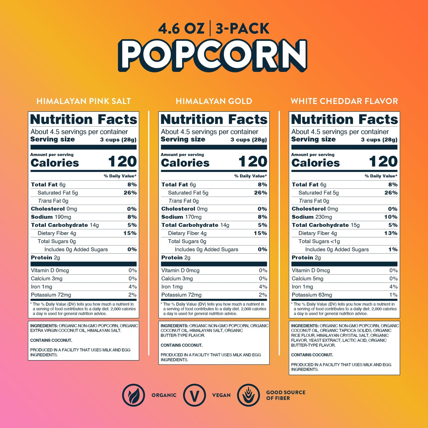 Lesserevil Organic Popcorn Variety Pack, Himalayan Pink Salt (4.6 Oz Bag), Himalayan Gold (4.6 Oz Bag), And White Cheddar Flavor