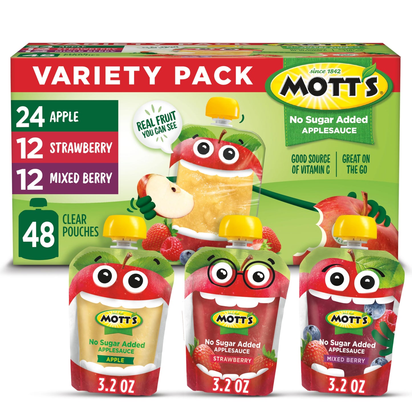 Motts No Sugar Added Applesauce Variety Pack, 48 Count (4 Packs of 12), 3.2 oz Clear Pouches