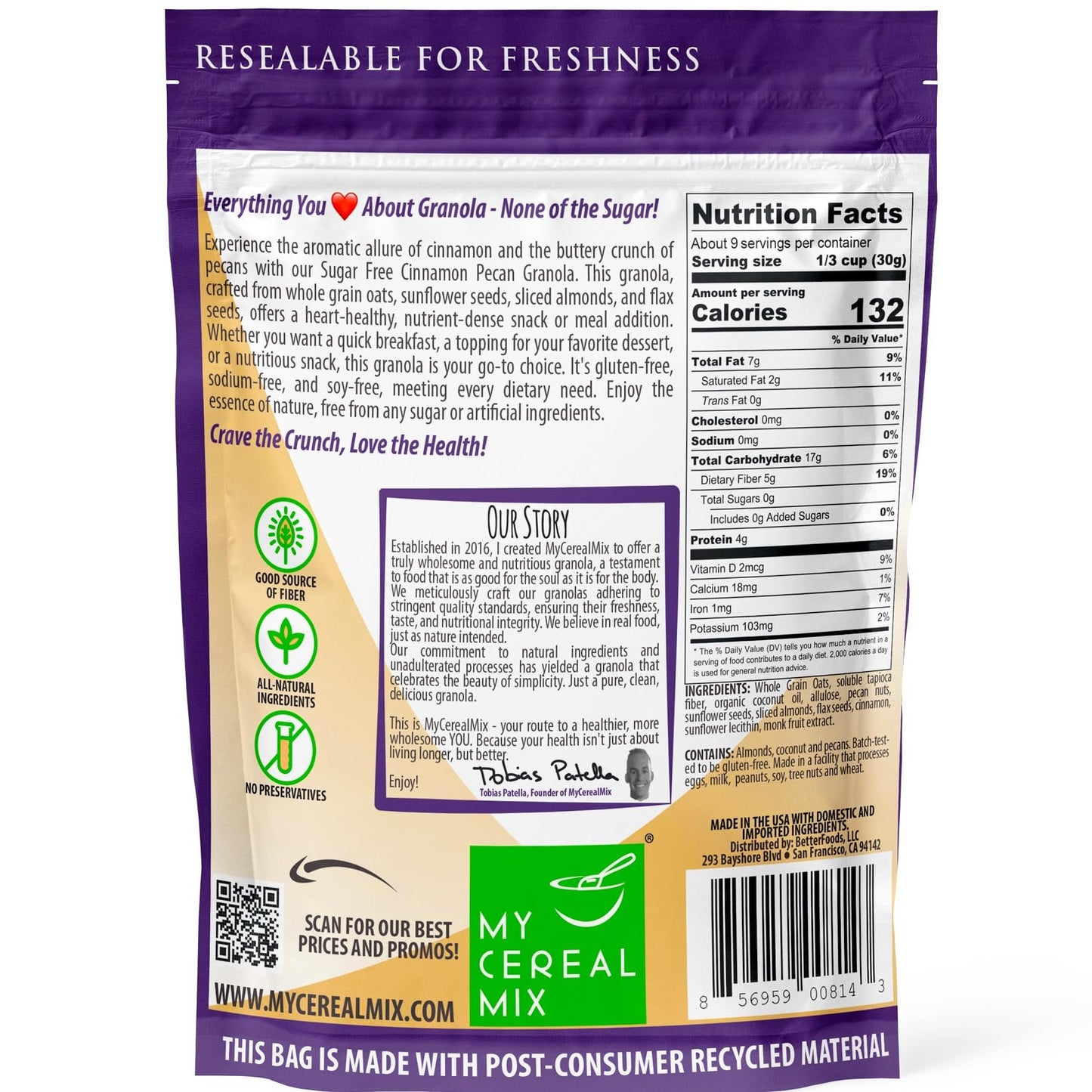 MyCerealMix Sugar Free Granola - Cinnamon Pecan - Natures Crunchy Delight | Gluten Free, Soy Free, Sodium Free, No Sugar Alcohol