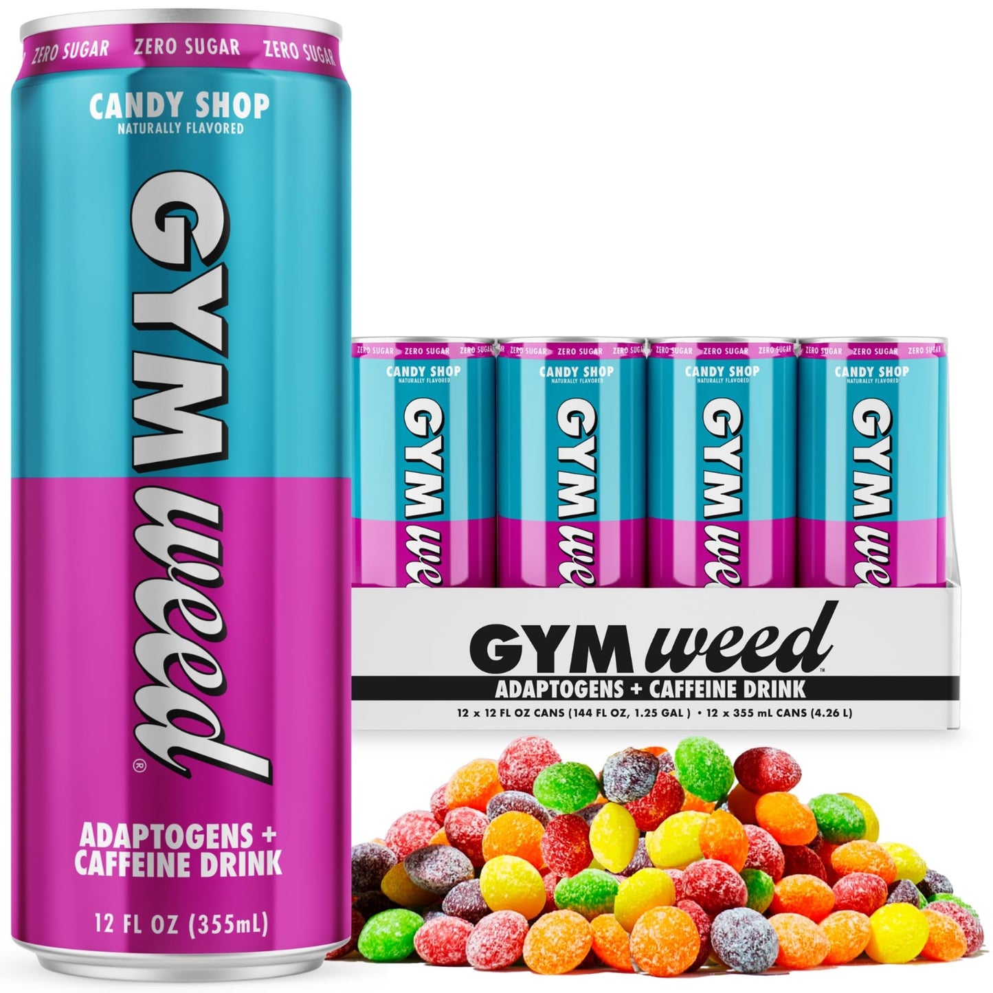 GYM WEED Athletic Focus Drink with KSM-66 Ashwagandha, Lions Mane, 200mg Green Tea Caffeine, Brain Candy Flavor, 12 Pack