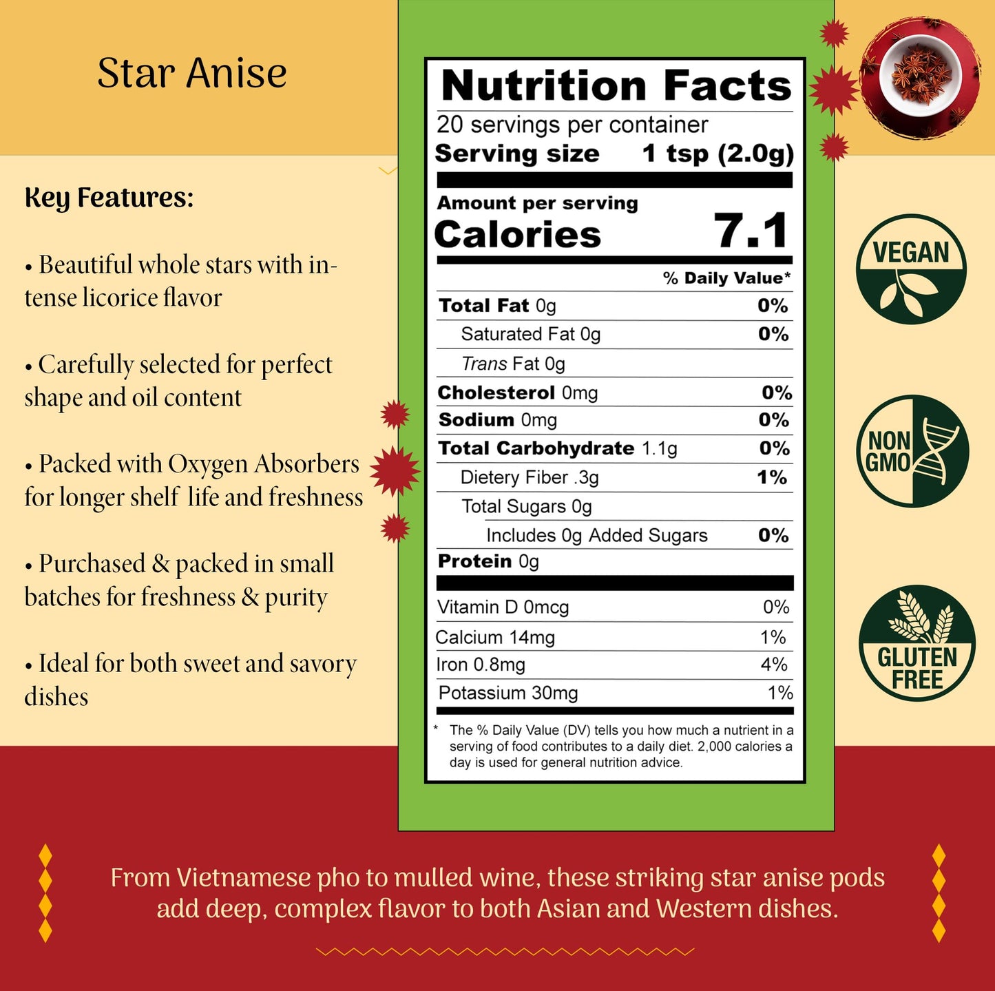 SHUBHAAVYA Star Anise Whole - NON-GMO, All Natural, Gluten Free, 1.4oz (40g) Indian Spice