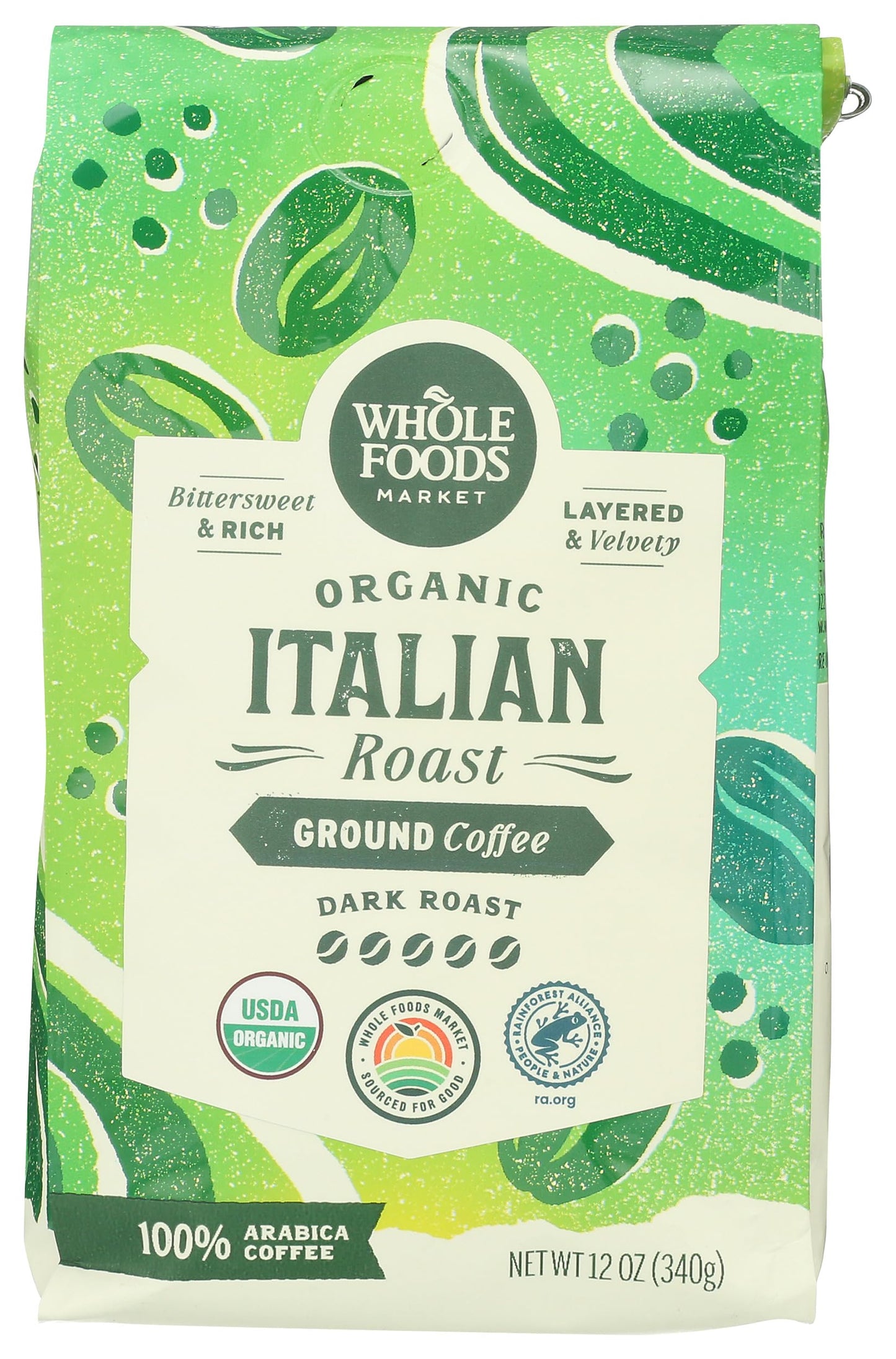 Whole Foods Market, Organic Ground Coffee, Dark Italian Roast, Bittersweet, Rich & Velvety, 12 Ounce