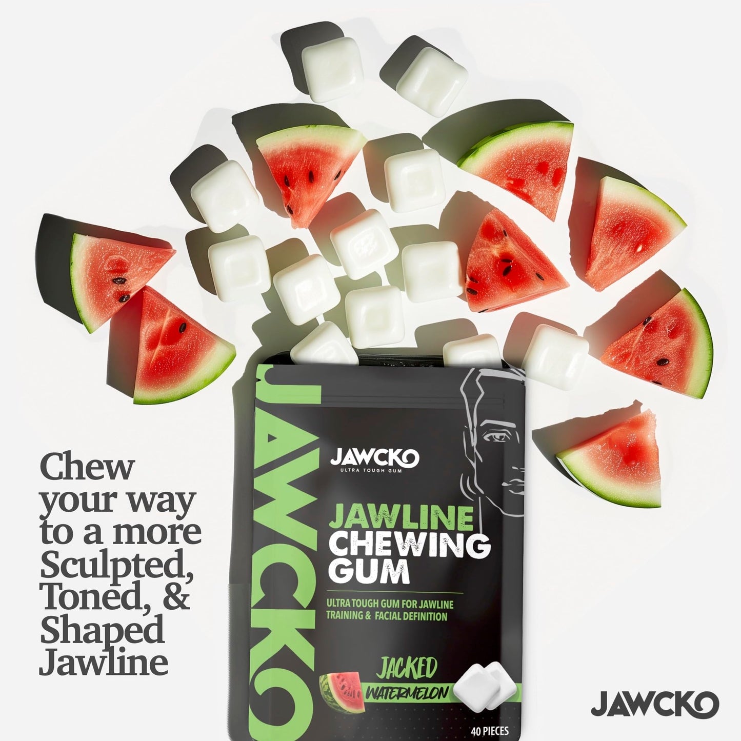 Jawcko Ultra-Tough Jawline Chewing Gum | Get A Stronger, Squarer Jawline | Watermelon Jaw Training Hard Gum | 15X Strength | Chisel, Sculpt, Tone Your Jaw | Facial Fitness Mewing Gum | 40 Pieces/Pack