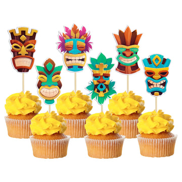 Gyufise 36Pcs Hawaii Tiki Cupcake Toppers Hawaiian Tropical Tiki Totem Hawaiian Themed Party Cake Decorations For Summer Aloha T