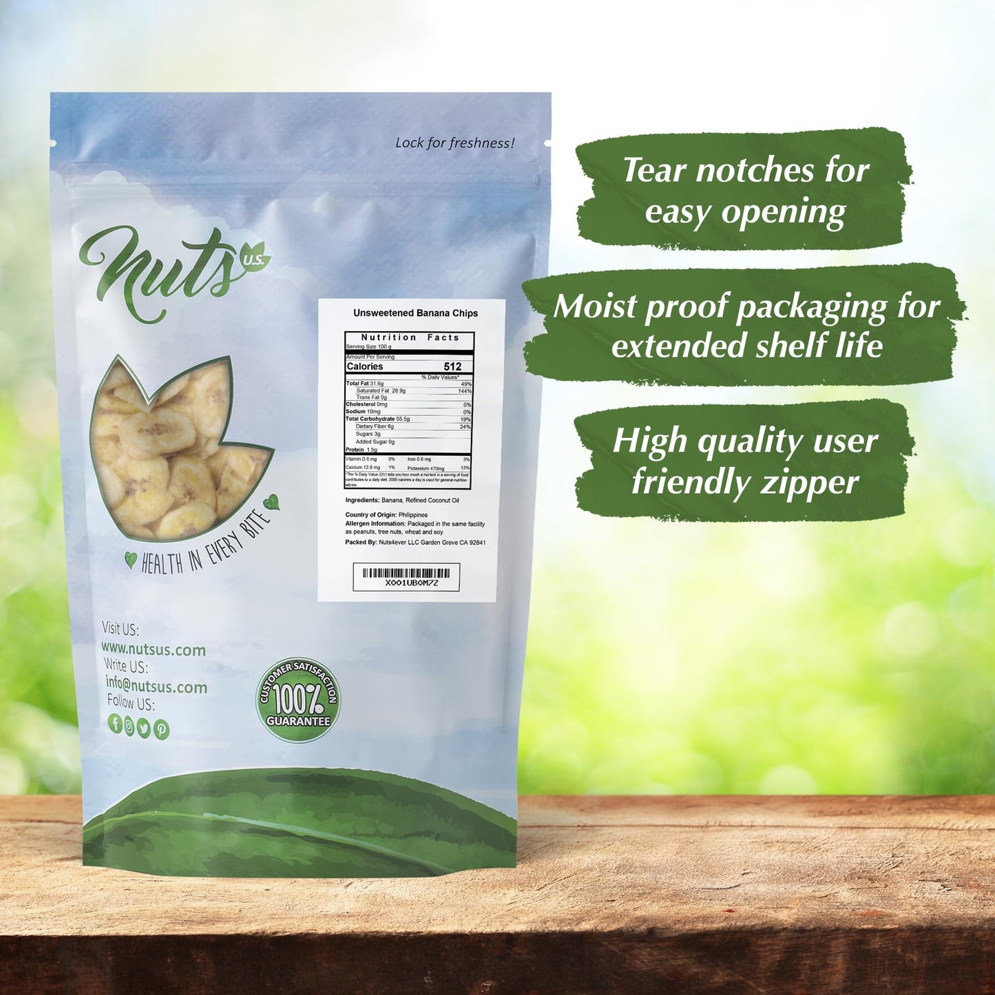 NUTS U.S. Unsweetened Banana Chips, No Sulphur, Non-GMO, 1 Pound Resealable Bag