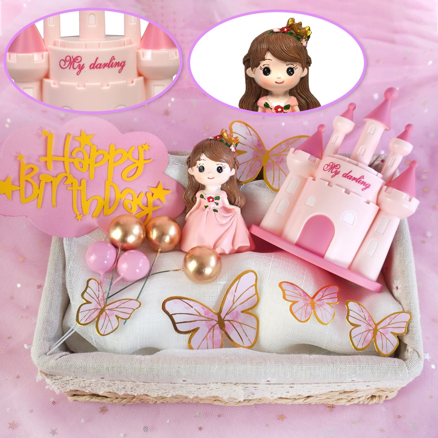 19 Pcs Princess Cake Topper Castle Cake Decoration With Butterflies And Balls For Girl Kid Happy Birthday Party Decorations Prin