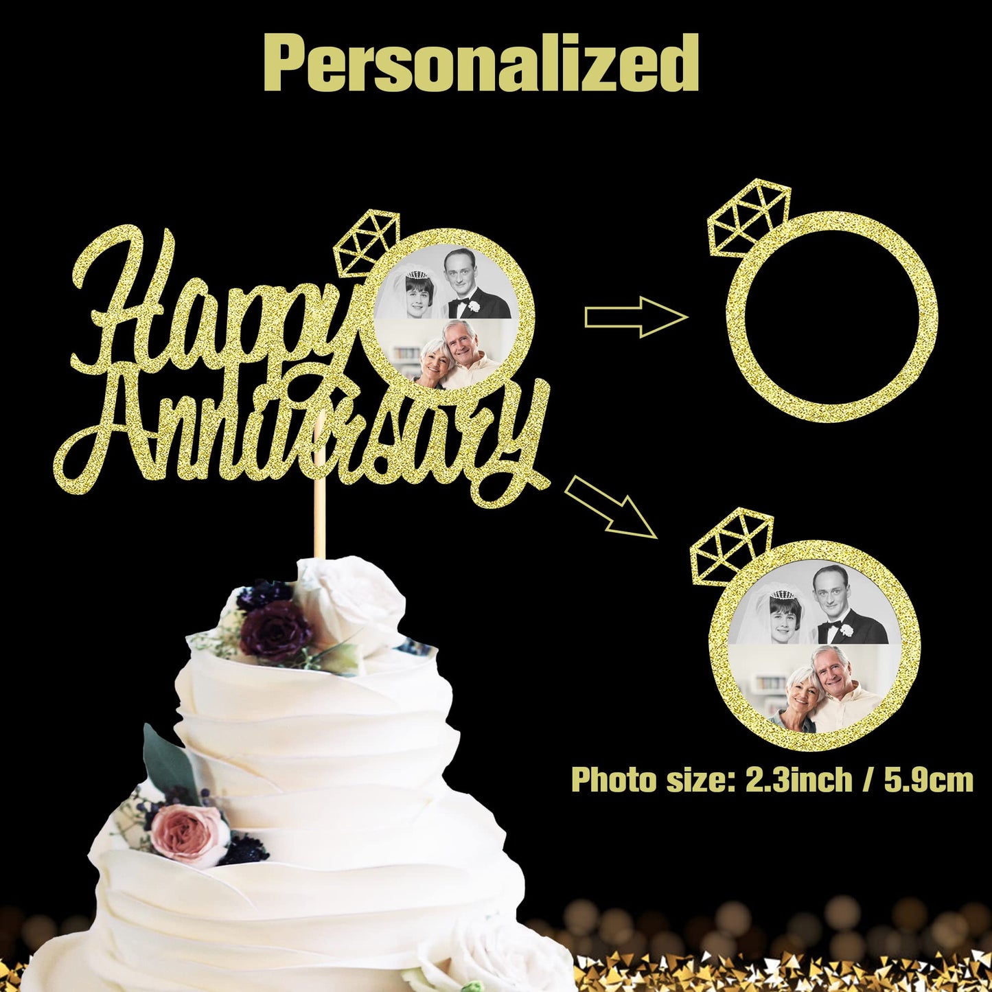 Sumerk Gold Glitter Anniversary Cake Topper - 13 PCS, Medium, Wood, Happy Anniversary Decorations