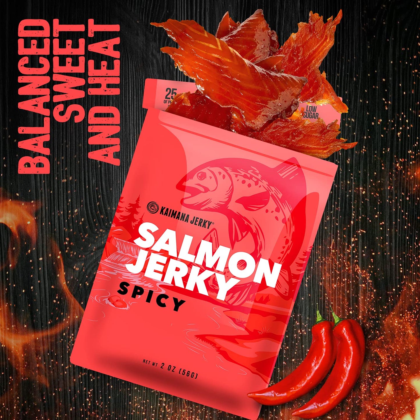 Kaimana Jerky Wild Caught Salmon Jerky - Organic, Low-Calorie, Spicy Flavor - 2oz Pack
