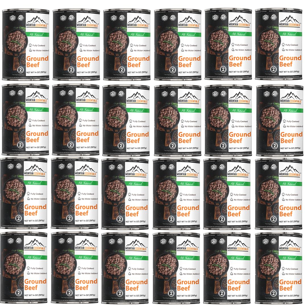 MOUNTAIN ESSENTIALS Ground Beef Canned Meat, Fully Cooked, Pack of 24, 14 Oz Each, 5 Years Shelf Life, Made in USA