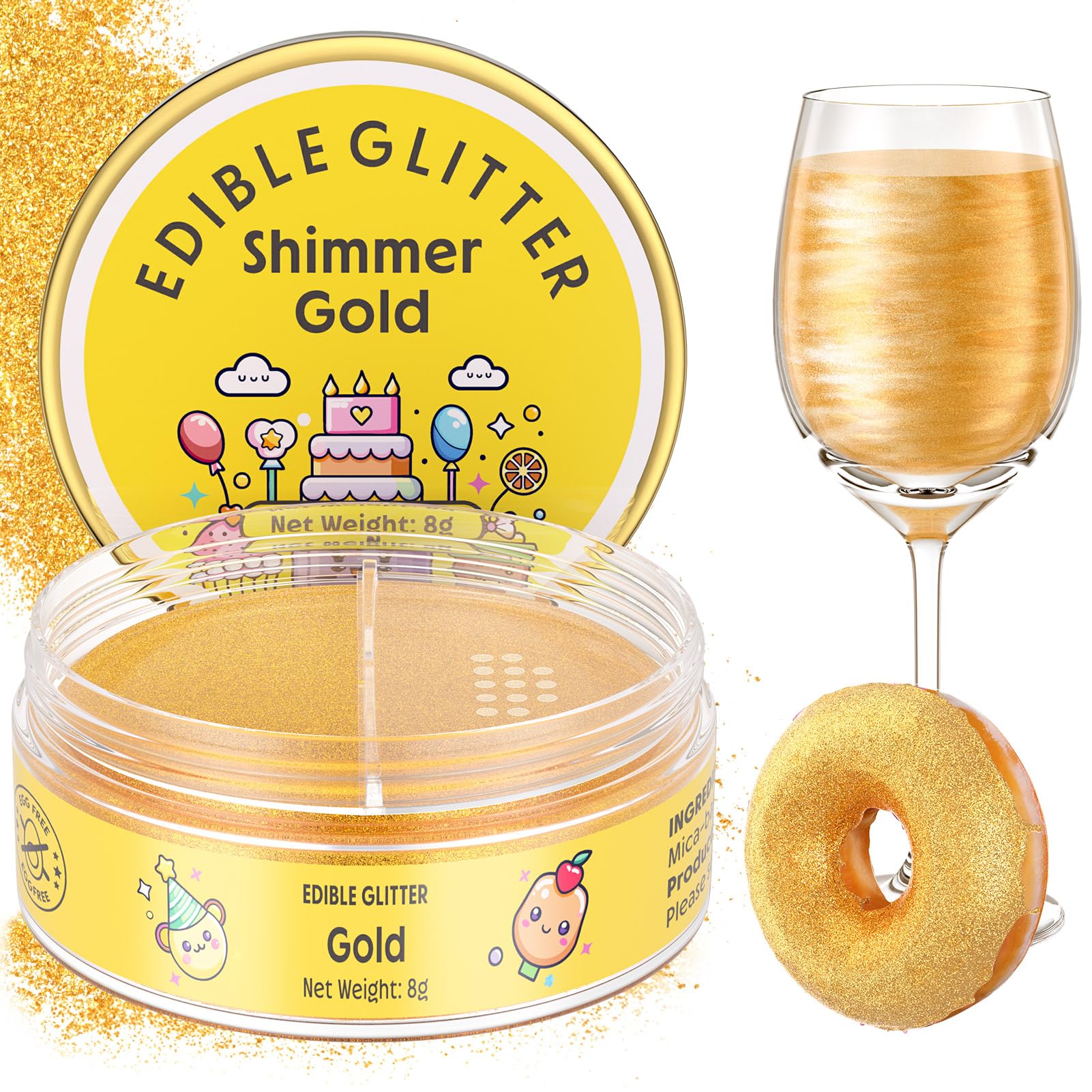 Nomeca Edible Glitter for Drinks & Cakes, 8g Food Grade Luster Dust, 7-Shimmer Gold