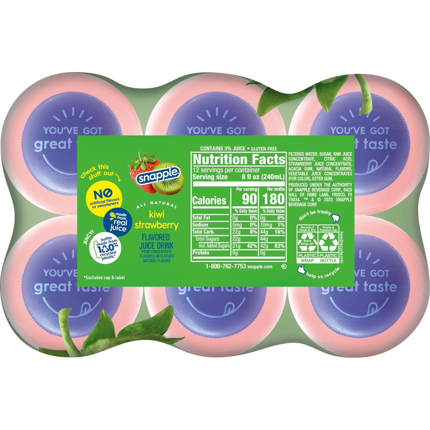 Snapple Kiwi Strawberry Juice Drink, 16 fl oz recycled plastic bottle, 6 pack