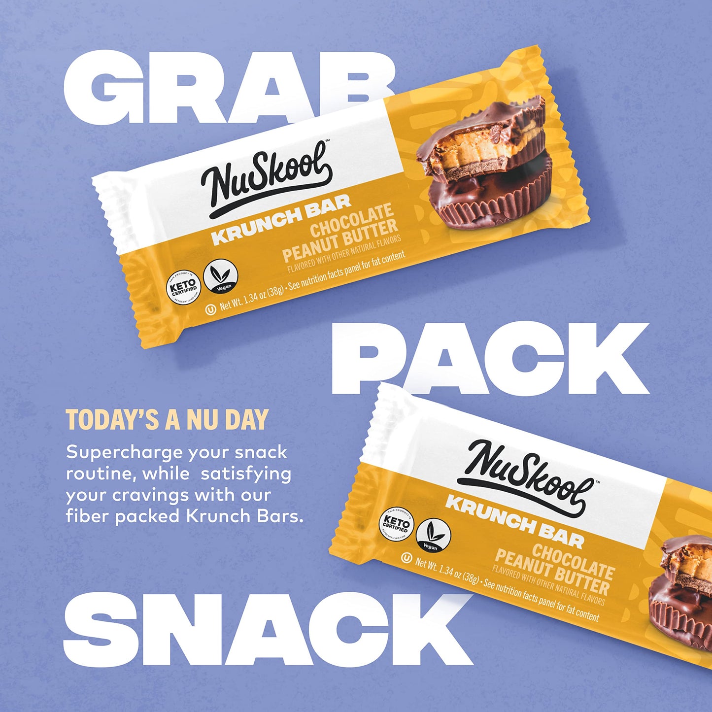 NuSkool Snacks Chocolate Peanut Butter Keto Friendly Protein Krunch Bars (12 Pack) - 7g Fiber, 10g Clean Plant-Based Protein, 3g