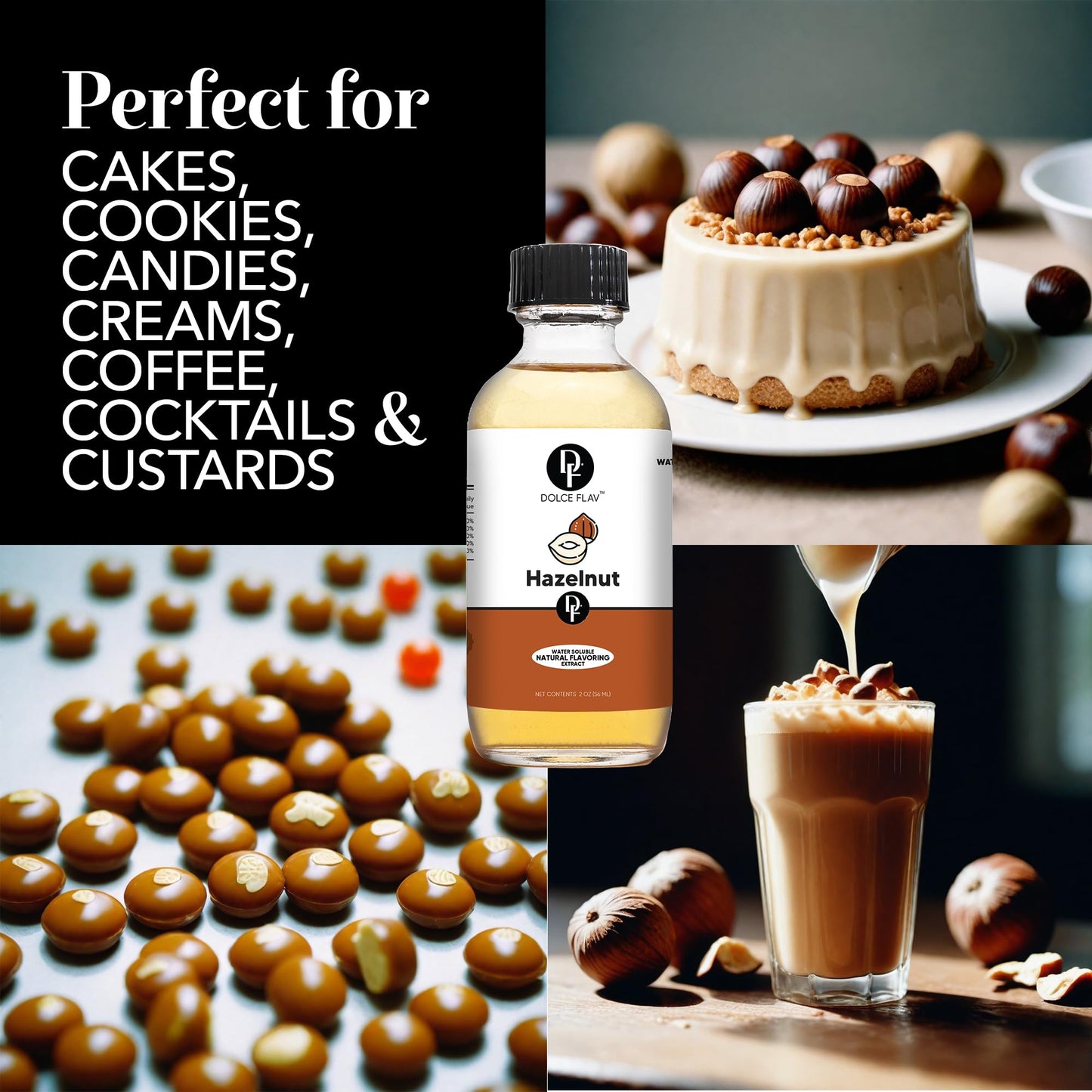 Dolce Flav Hazelnut Extract - Water-Soluble, Sugar-Free Flavoring for Coffee & Baking - 2 Oz.