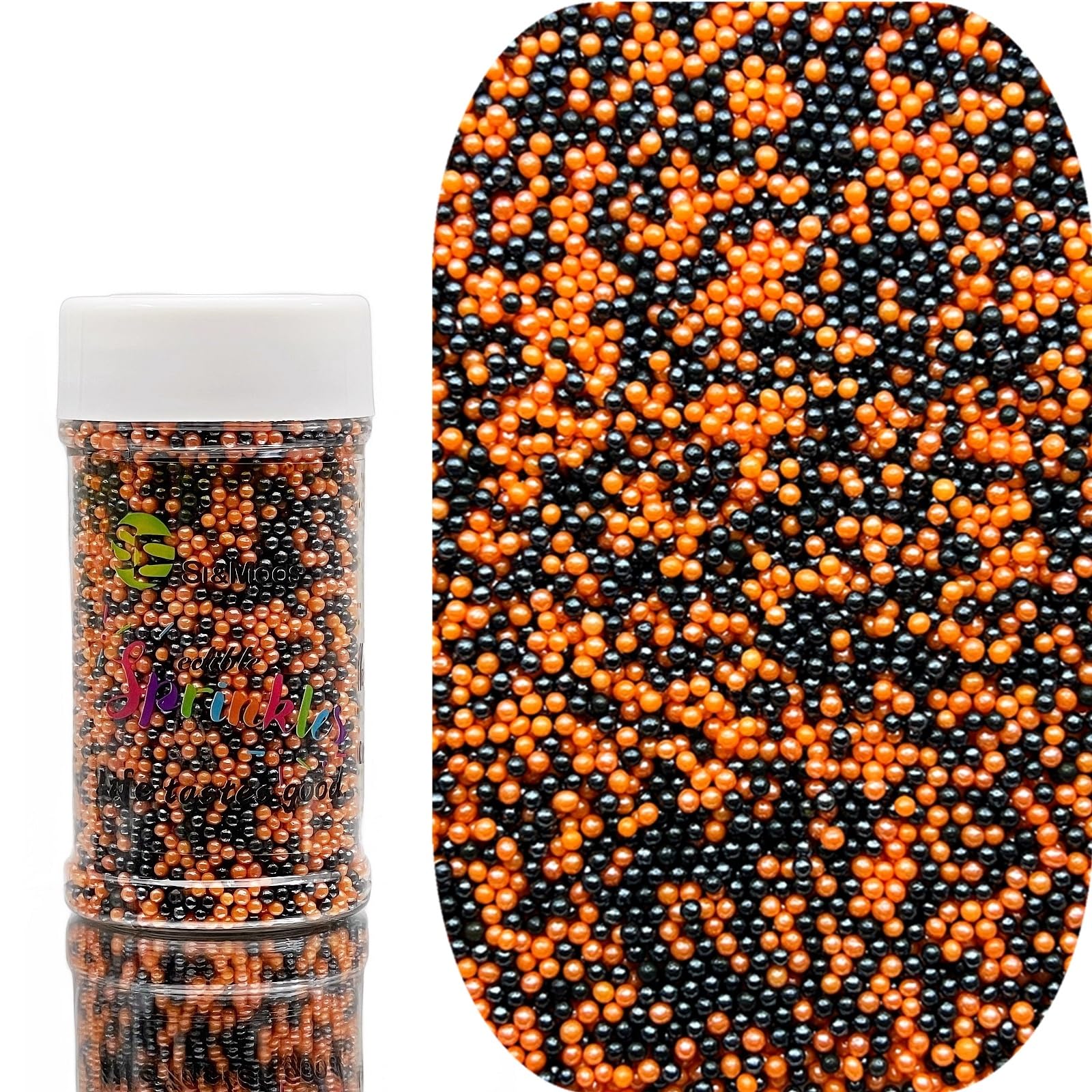 SE Si&Moos Black and Orange Sprinkles Orange and Black Nonpareils Edible Pearls for Cake Decorating Small Pearl Sprinkles Hallow