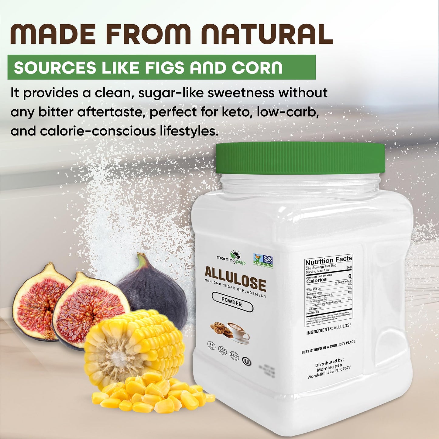 Morning Pep Allulose Sweetener 4 lb - Zero Calorie Sugar Alternative, 100% Pure, No Erythritol, Non-GMO Project Verified, Keto C