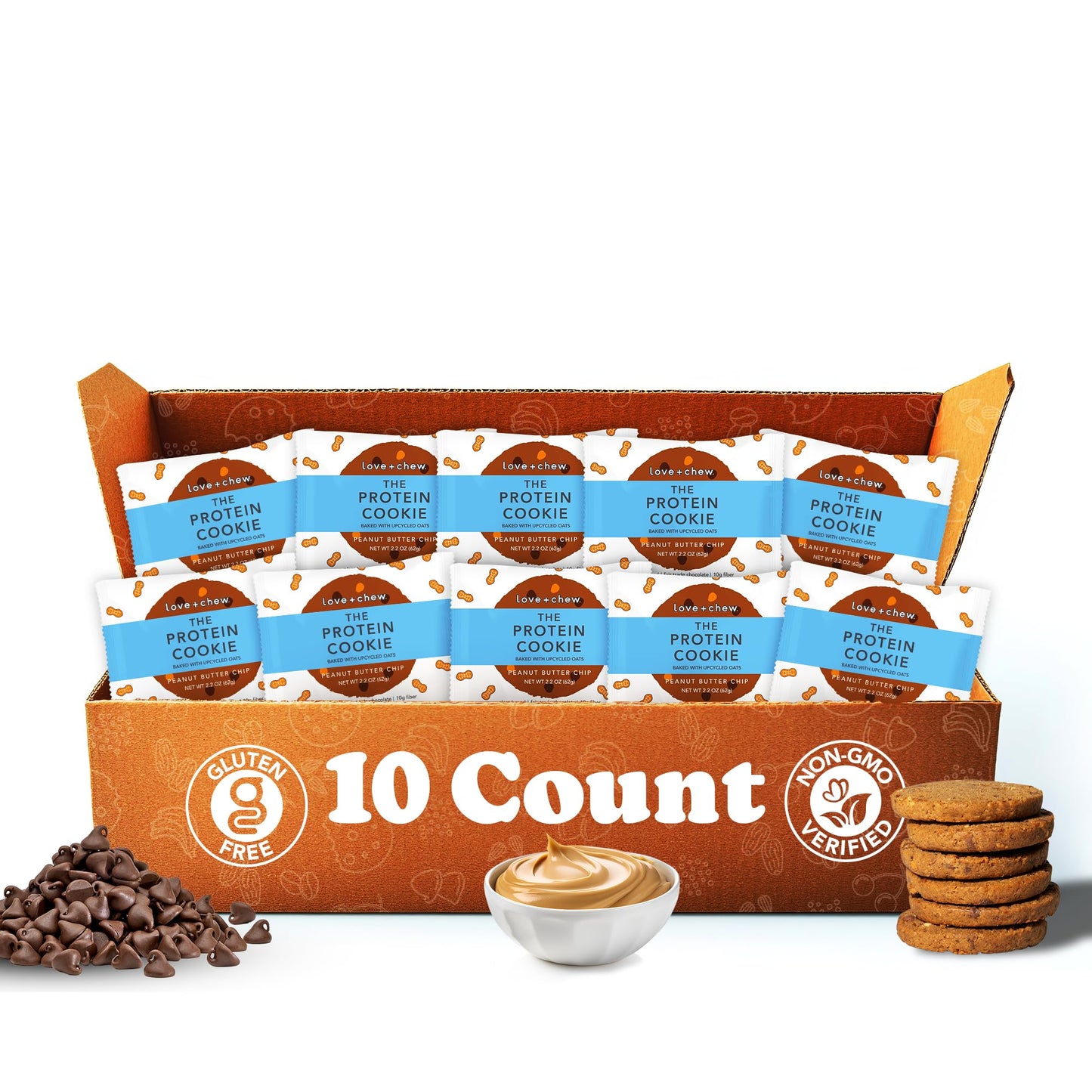 Love + Chew Soft Baked Protein Cookies, Peanut Butter Chip Flavor, Plant Based Cookie Made With Oat Flour & Dark Chocolate for K