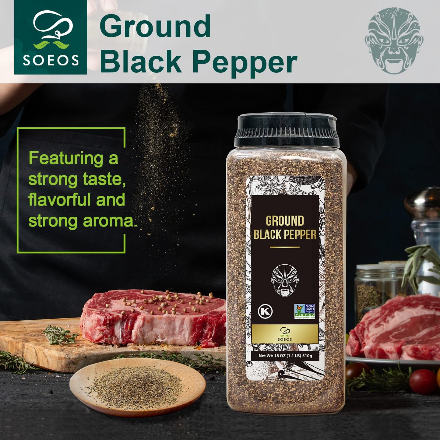 Soeos Table Ground Black Pepper, 18 oz (510g) Non-GMO, Freshly Peppercorn Powder Bulk, Packed to Keep Peppers Fresh, Ready to Us