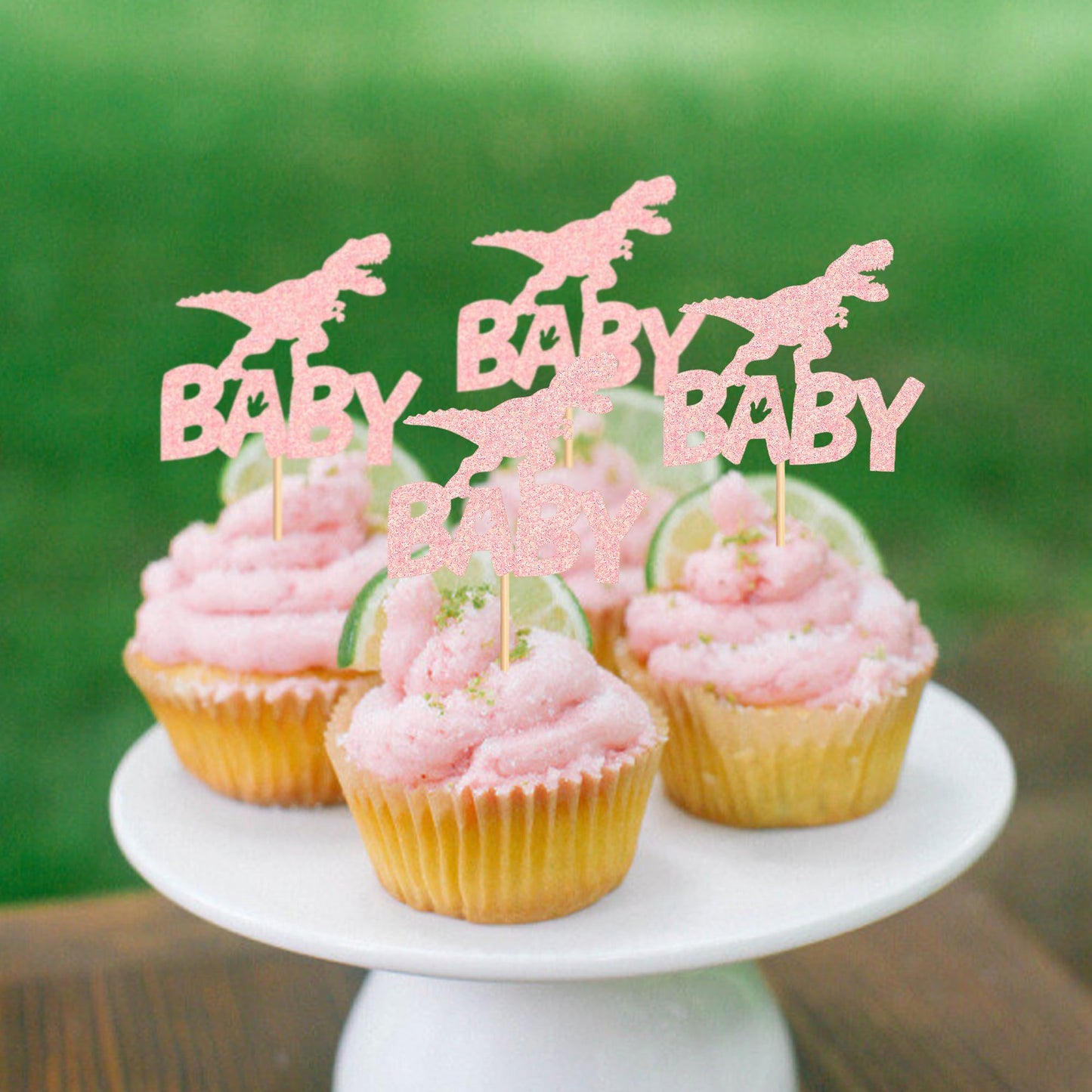 Ercadio 24 Pack Dinosaur Baby Cupcake Toppers Pink Glitter Dinosaur Baby Cupcake Picks Little Dino Baby Cupcake Picks For Dinosa