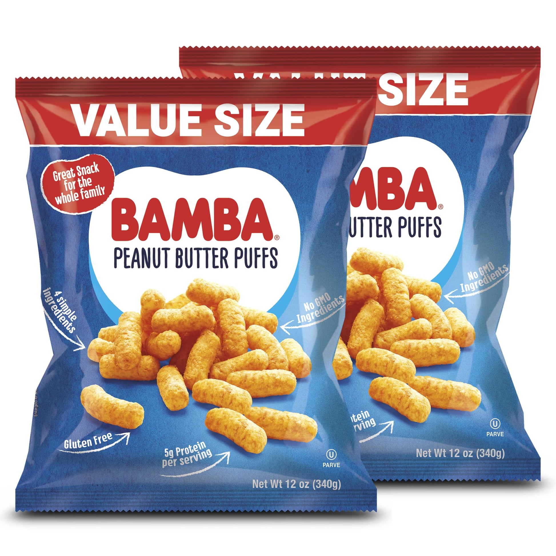 Osem Bamba Peanut Butter Puffs - Peanut Butter Crunch Puffs  Vegan PB Snack for Babies and Toddlers  Grain Free Protein Snack  No Sugar - 12 oz Bag (Pack of 2)