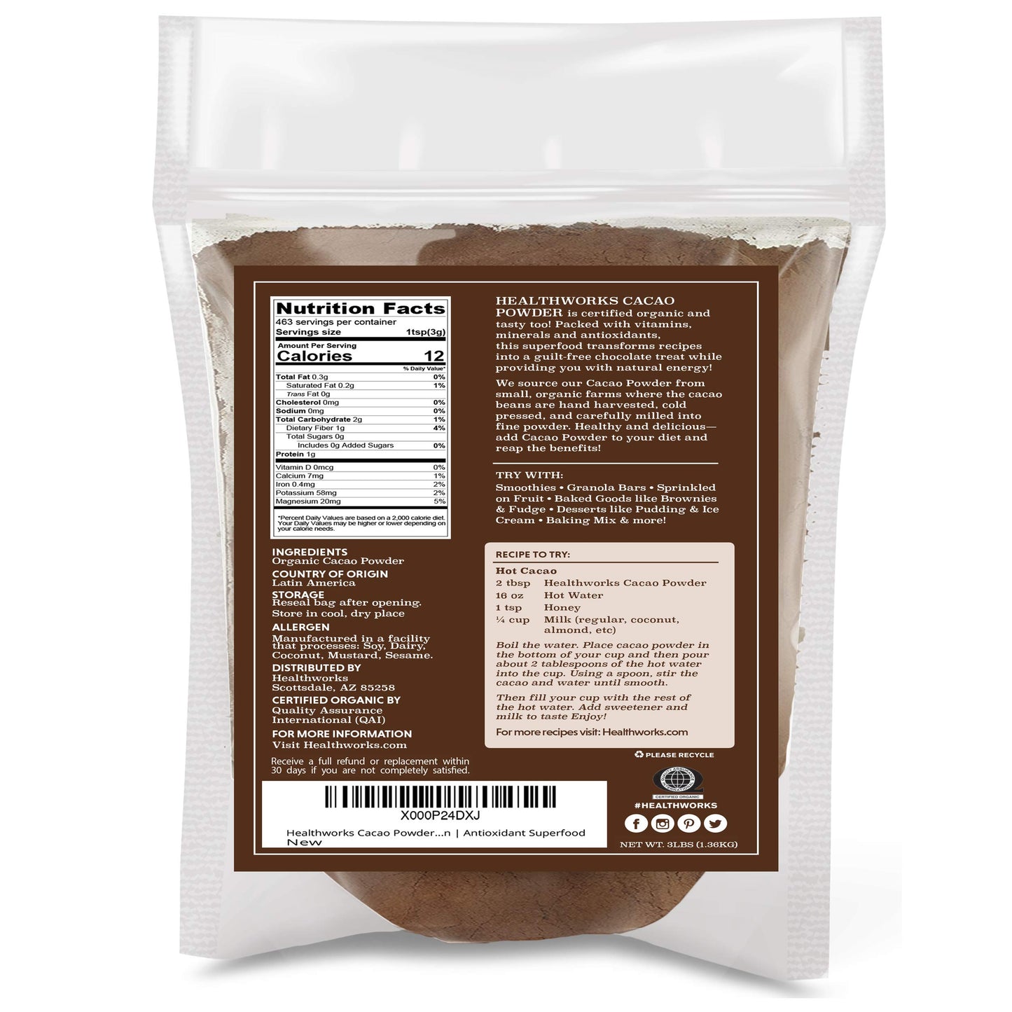Healthworks Superfoods Organic Cacao Powder - 48 Oz / 3 Lbs - Cocoa Chocolate Substitute - Rich Choclate Flavour - Sugar-Free, K