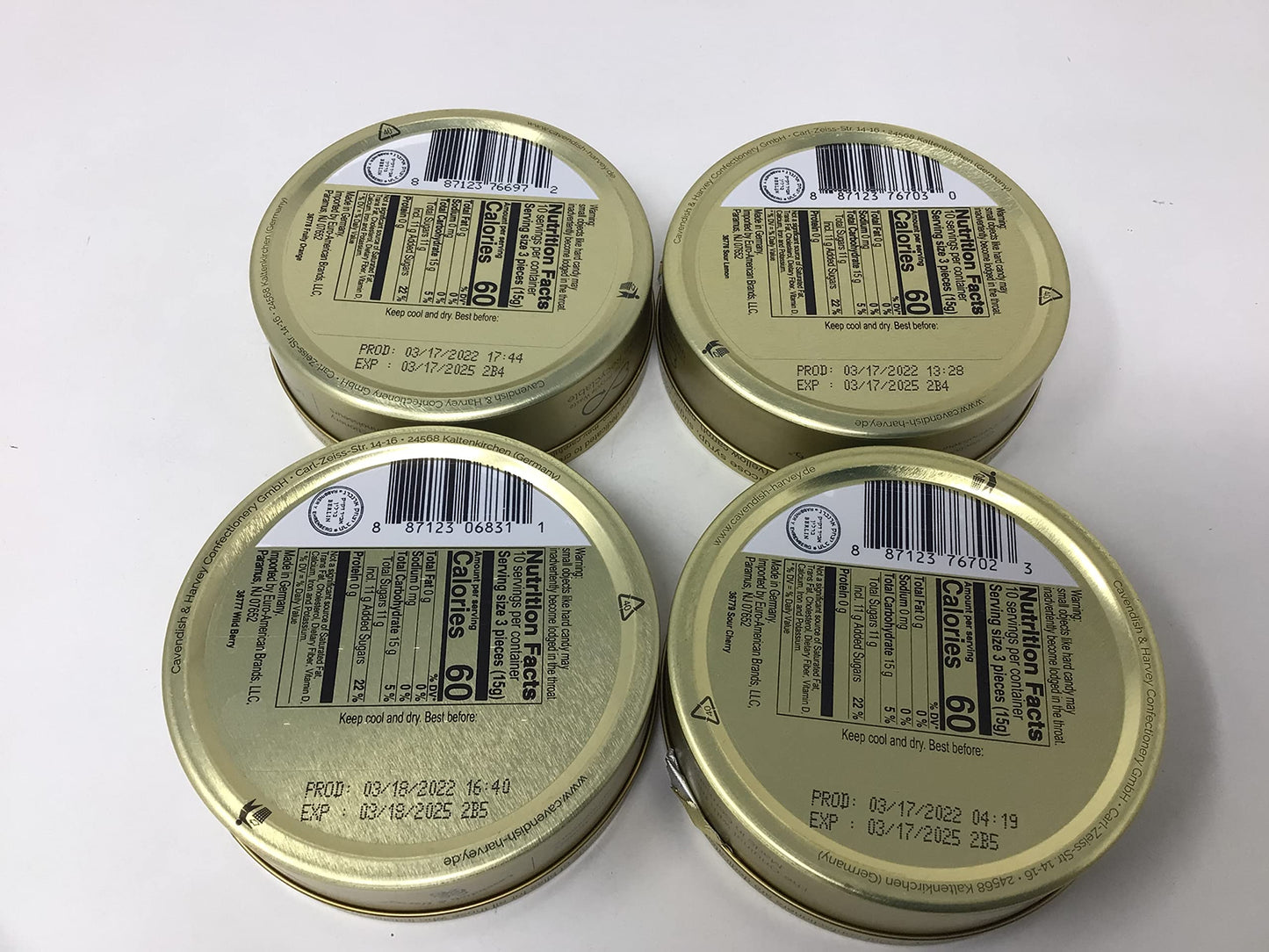 Cavendish & Harvey | Variety Flavor Hard Candy Drops | Orange  Wild Berry  Sour Lemon  & Sour Cherry | 5.3 Ounce Tins - 4 Pack