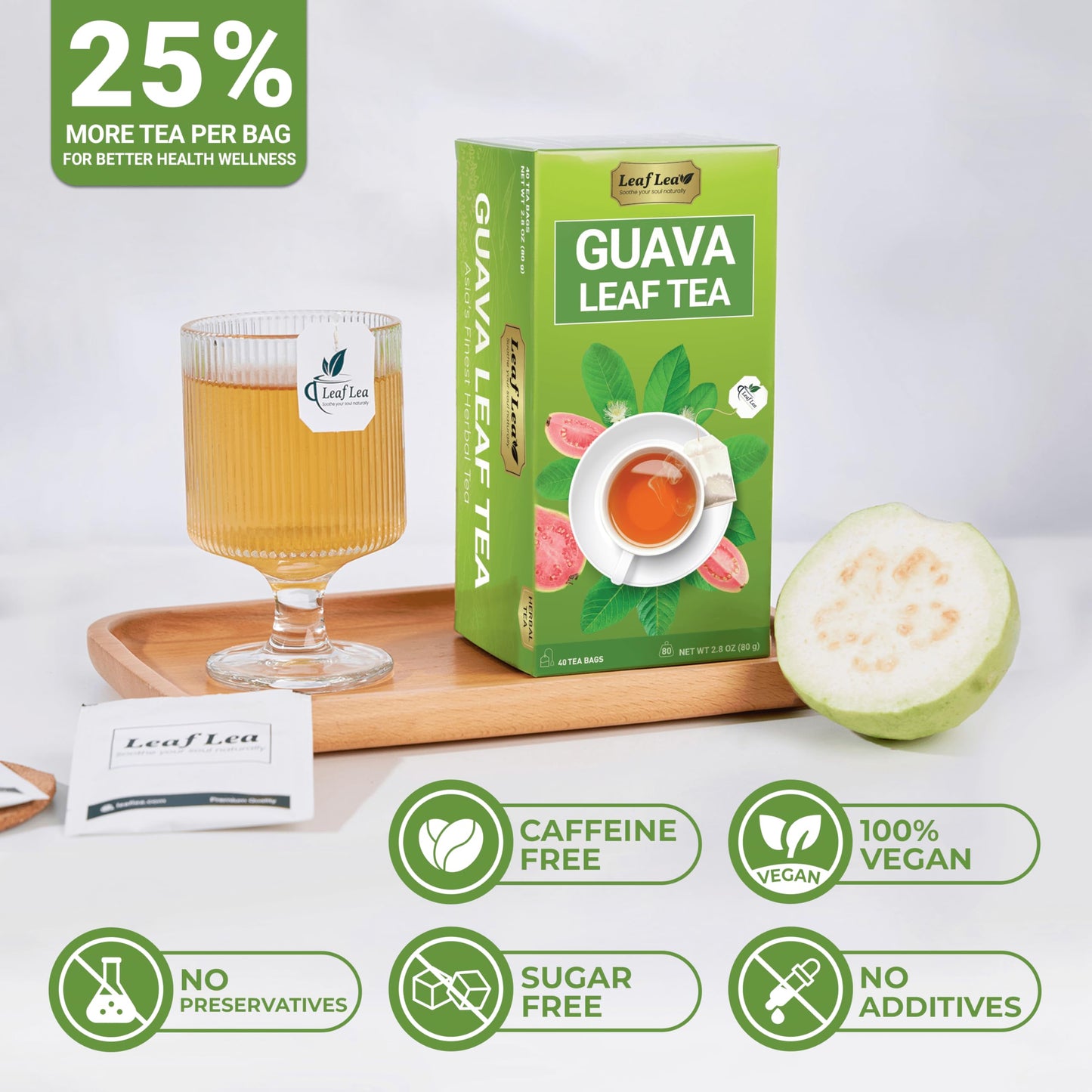 LeafLea Guava Leaf Tea, Herbal Tea, Caffeine-Free, 80 Tea Bags, Sugar-Free, Pack of 2