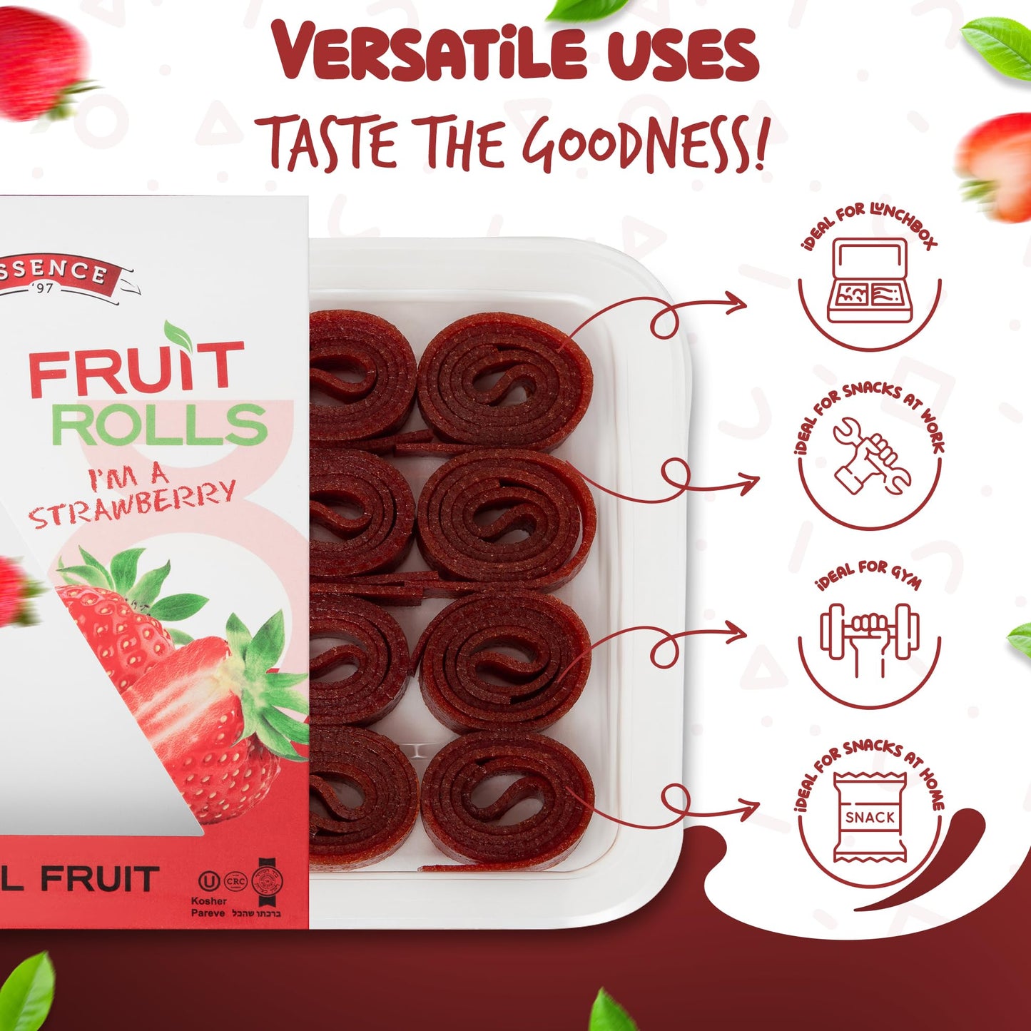 Essence 97 Fruit Roll Ups - Vegan, Non-GMO, No Added Sugar, Strawberry, 16 Count