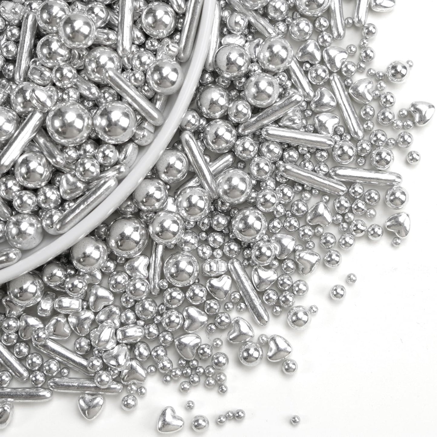 Dazzjoy Edible Silver Pearl Heart Rods Sprinkles, 130G/4.58Oz, Mix Size, Silver Pearl Sprinkles For Cupcake Decorating, Cupcake